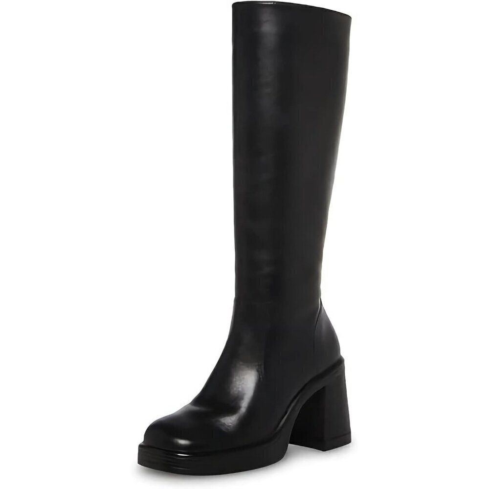 ✨ Sovanyou Heeled Boots Women Black Faux Leather Platform Square Toe Chunky Boot